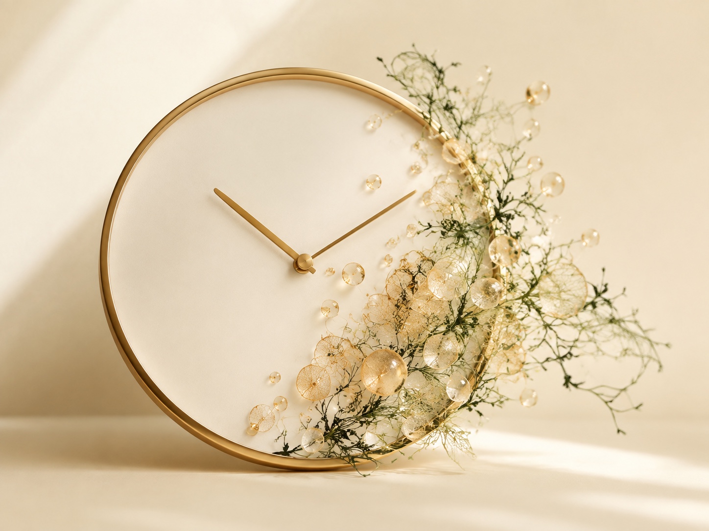 A gold-rimmed clock dissolving into golden cells and green botanical filaments