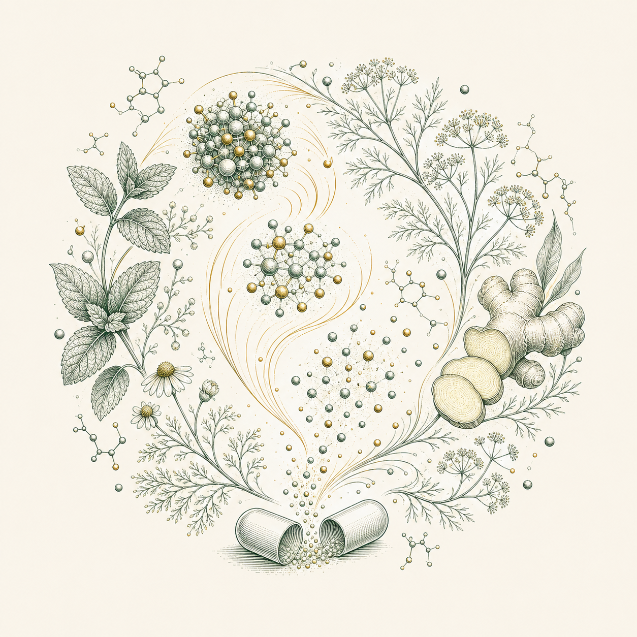 A balanced digestive-system and botanical illustration for Core Balance