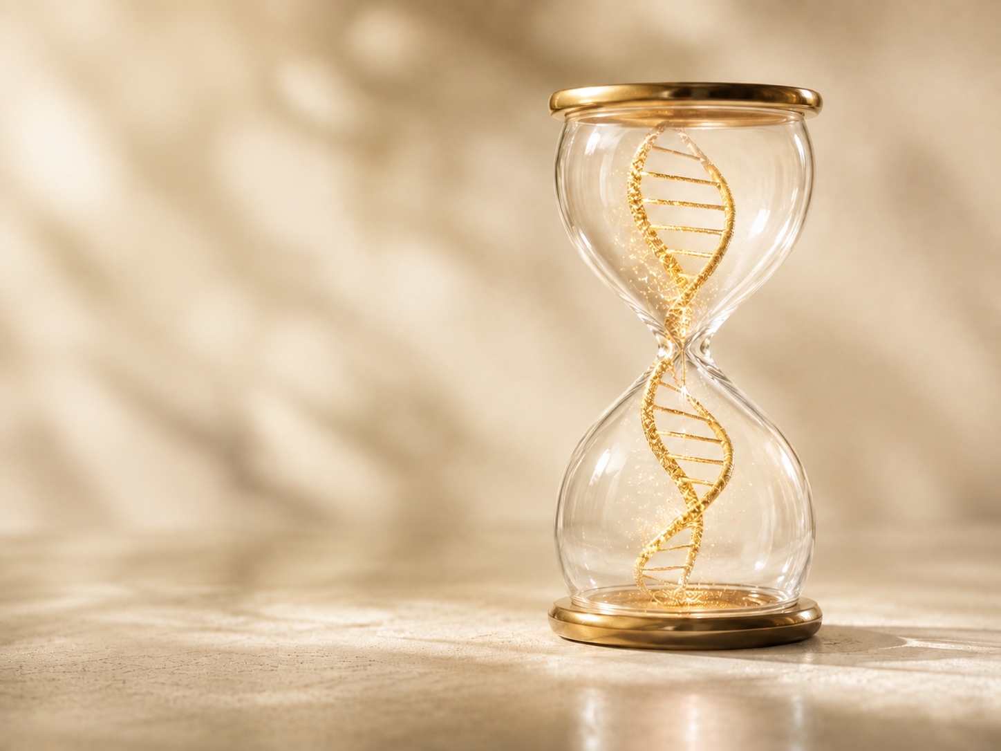 A luminous golden DNA helix flowing through a glass hourglass