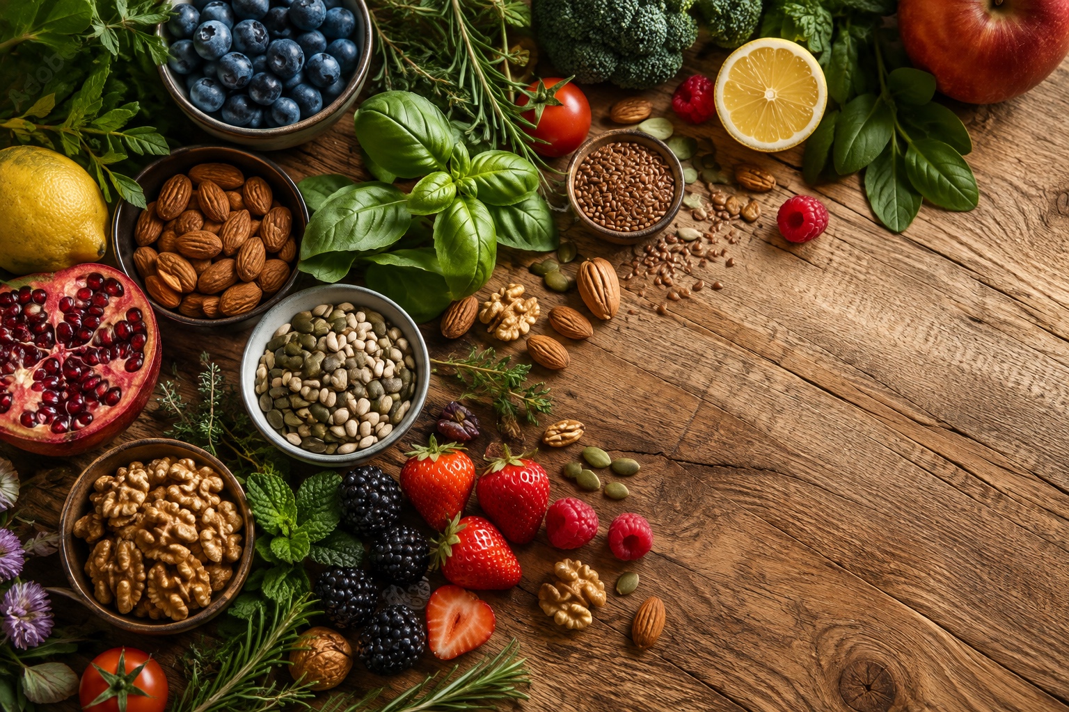 Whole foods, berries, seeds and fresh herbs on warm wood in natural light
