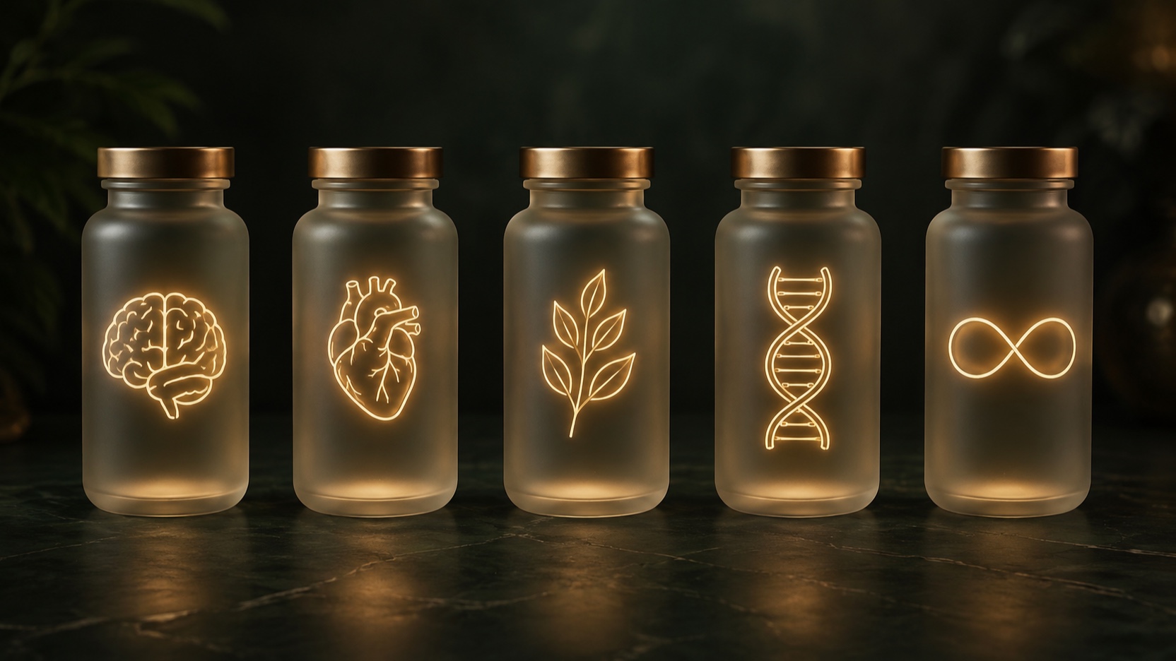 A row of abstract wellness bottles with engraved symbols