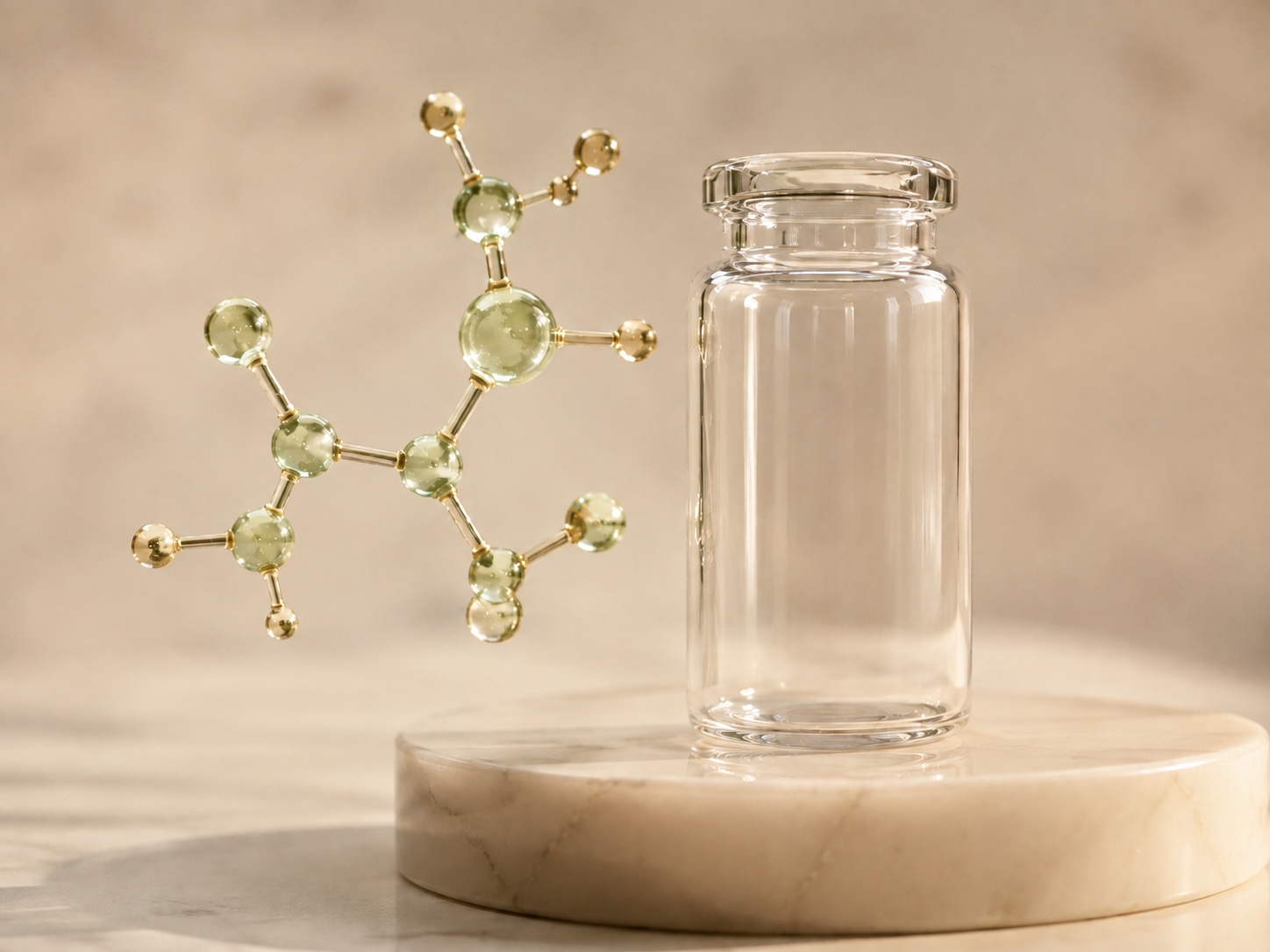 A clear glass vial beside a floating green-gold molecular model in warm light