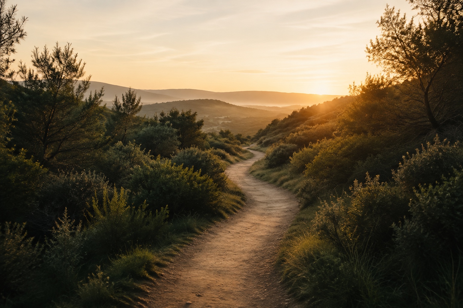 A quiet path winding through green nature toward a warm golden horizon