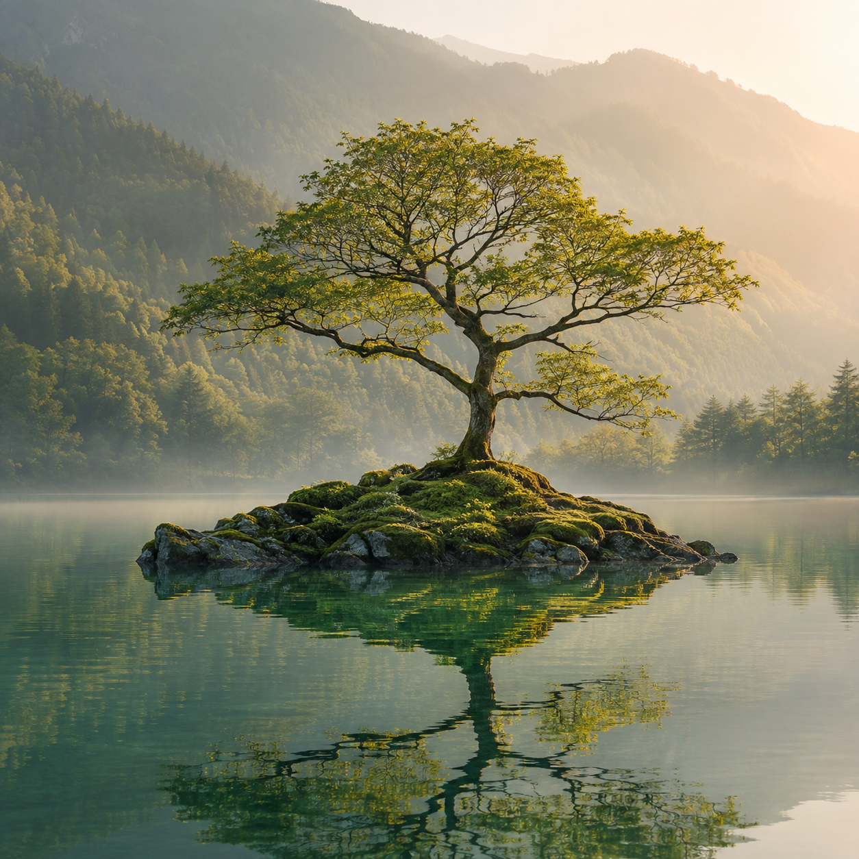 A solitary tree reflected in a still green lake, surrounded by misty mountains and warm morning light